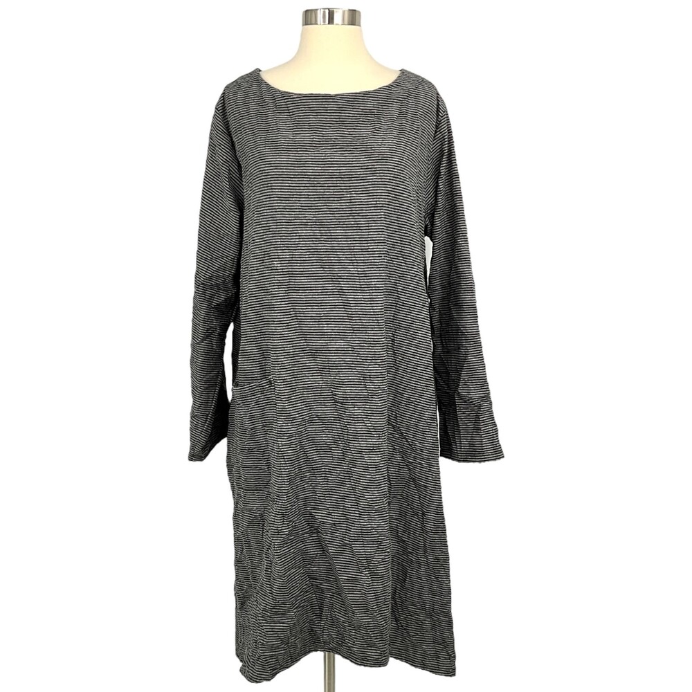 Lisa Bayne Dress Gray Striped Size 2XL Lagenlook Long Sleeve Maxi Pockets Art